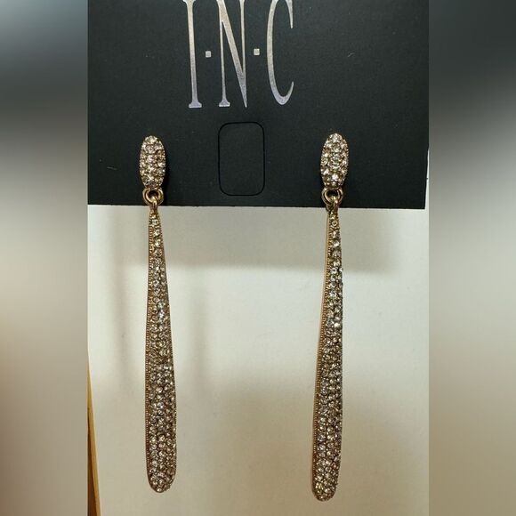 INC Gold Tone Crystal Drop Post Earrings - Picture 1 of 11